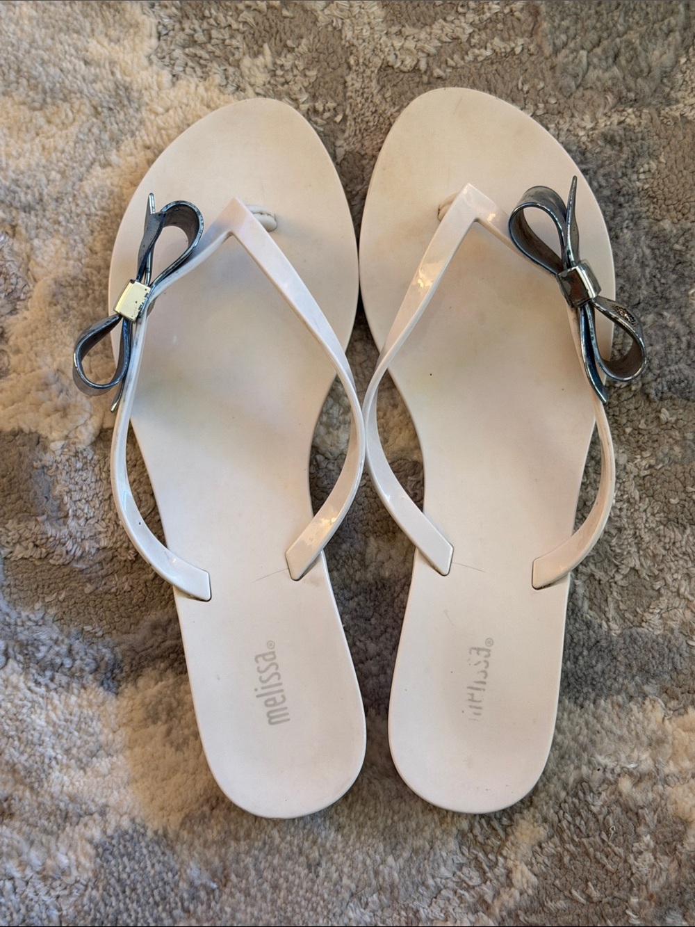Melissa White Jelly Sandals with Metallic Bow Accent